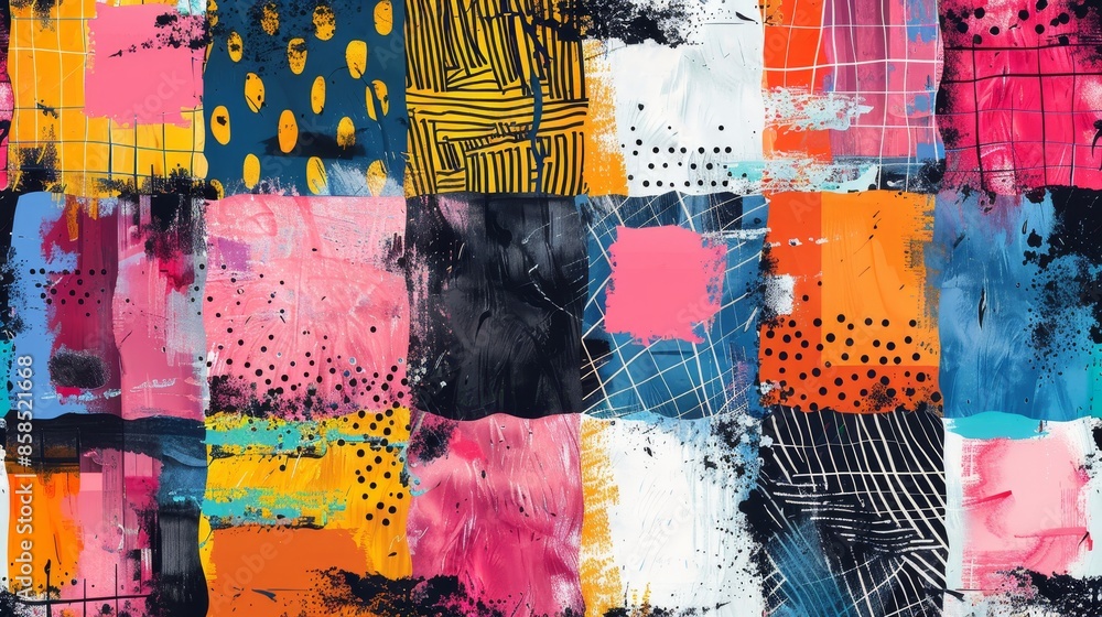 Poster abstract patchwork design with mixed prints and scribbles