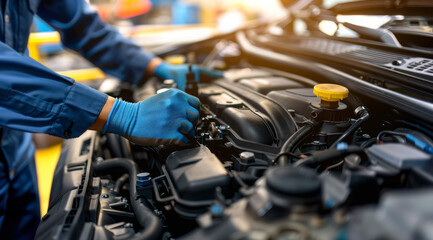 Mechanic fixing cars. Professional diagnostics and car repair service in a garage.
