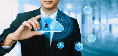 Cloud computing technology and online data storage for business network concept. Computer connects...