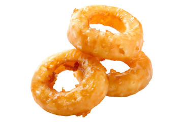Closeup of stack of crunchy battered onion rings isolated on a white transparent background