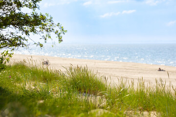 Linia brzegowa nad morzem, krajobraz morski, tapeta, wakacje i wypoczynek w słoneczny dzień, Morze Bałtyckie i piaszczysta plaża