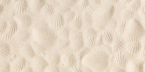 Top view of sandy beach texture with imprints of seashells natural textured background, beach sand