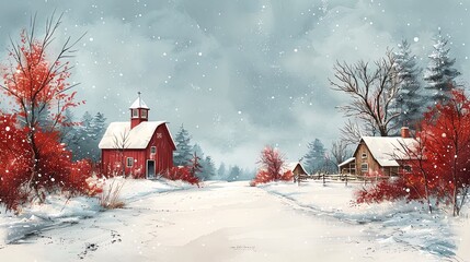 Winter farm scenes creating a border, open middle area, rustic winter landscape, nostalgic handdrawn art, perfect for cozy countryside designs