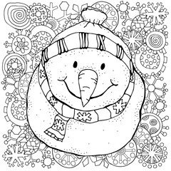 Cheerful snowman and snowflakes. Winter, snow, sled, carrot, buttons. Merry Christmas, Happy New Year. Pattern for adult coloring book. Black and white.	