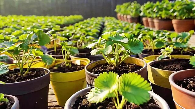 stowberry plant in pot.Seamless 4k time lapse virtual video animation background
