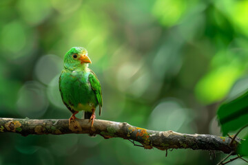 Fototapeta premium Singapore green broadbill bird on tree branch