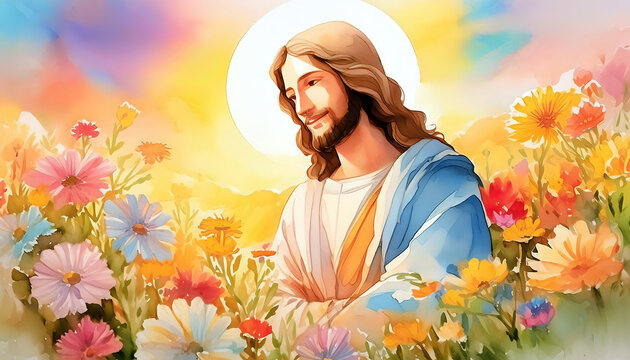 Portrait in outdoor of Jesus, in bright watercolors