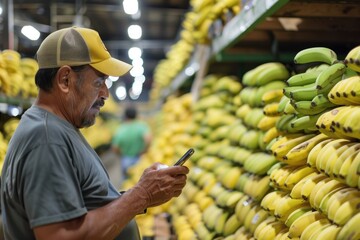 farmer texting on his cell phone in a banana packing plant.
