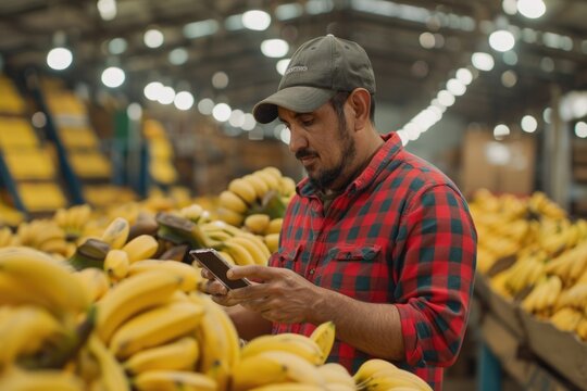 farmer texting on his cell phone in a banana packing plant.
