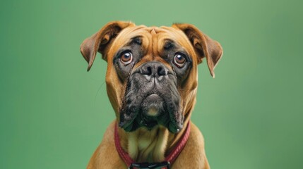 Obraz premium Bullmastiff with bright eyes collar and green backdrop