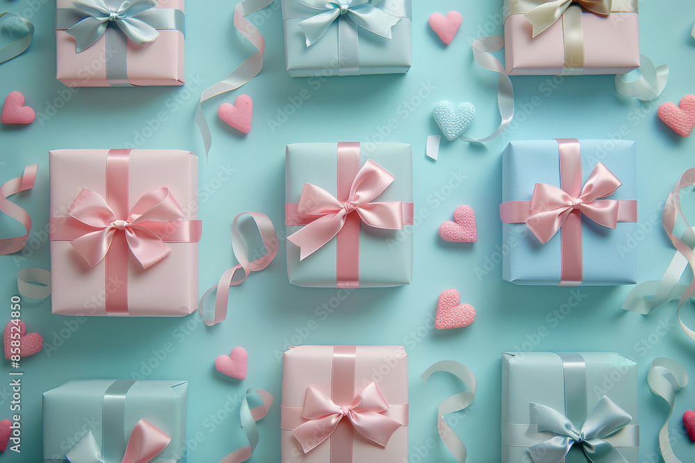 Poster a row of colorful boxes with bows and hearts on them