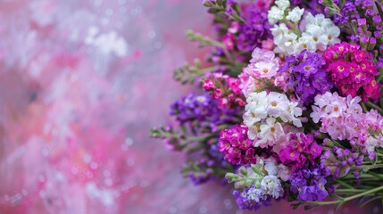 Fototapeta premium A meaningful gift of purple pink and white statice bouquet with space for text