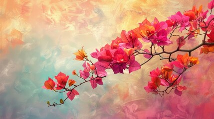 Colorful bougainvillea branch against a pastel sky