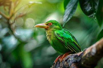 Obraz premium Singapore green broadbill bird on tree branch