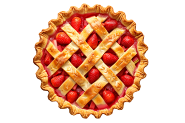 Freshly baked strawberry pie filling a stunning lattice crust isolated on white transparent background