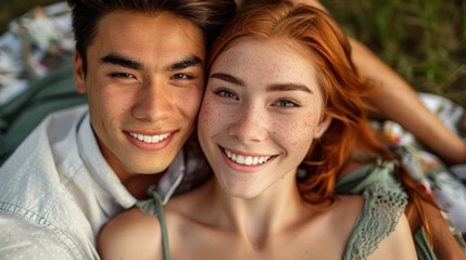 Fototapeta premium Middle-aged woman with red hair in green dress and smiling man with black hair in white shirt sitting on blanket in park, afternoon light, waist-up photo