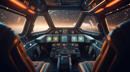 Futuristic spaceship cockpit interior with a view of space station and stars. A large spaceship window show view of space and modern cockpit with control panel with glowing light. Technology. AIG35.