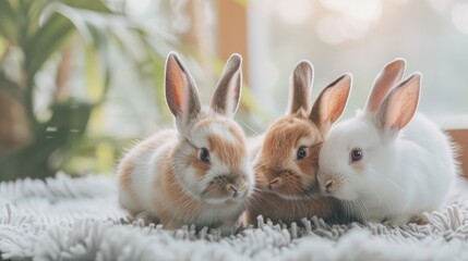 Obraz premium Blurry veterinary background with three rabbits rabbit care concept