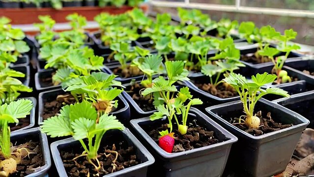 stowberry plant in pot.Seamless 4k time lapse virtual video animation background