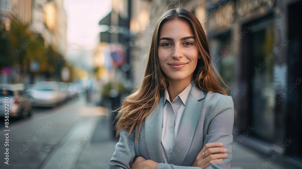 Poster happy female business woman standing outdoor on street, arms crossed 