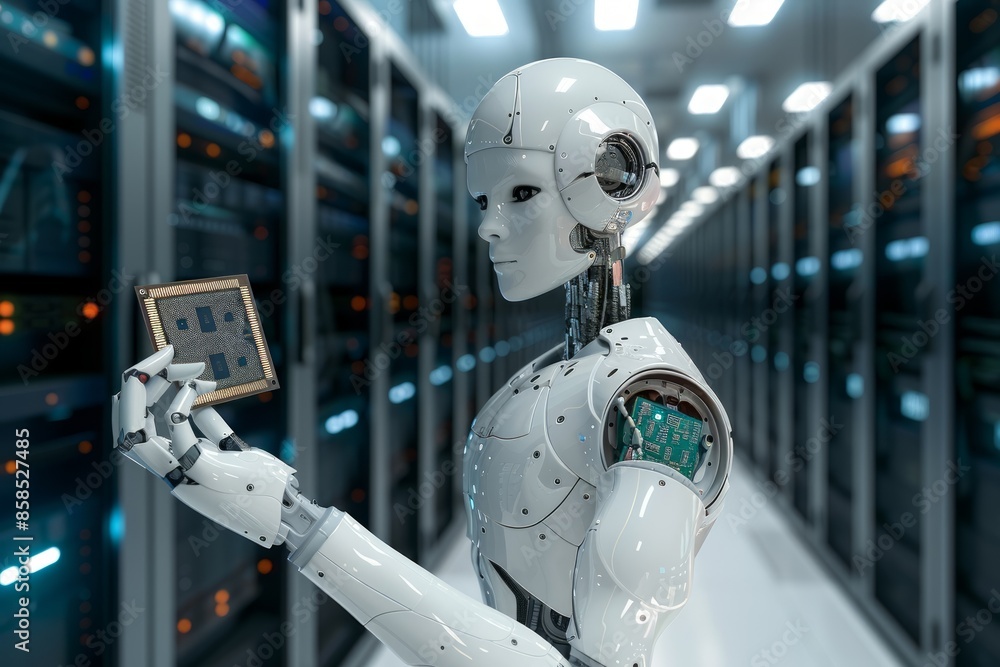 Aufkleber ai robot holding a computer chip in a server room
