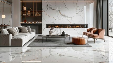 Modern living room with italian marble tile flooring and fireplace