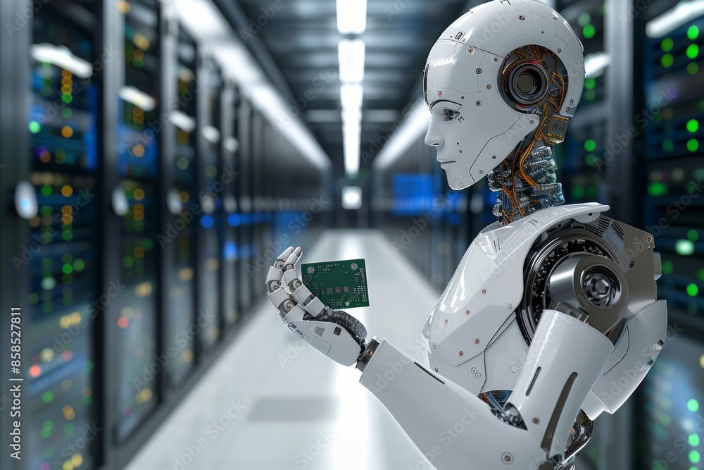Poster humanoid robot holding a microchip in a data center