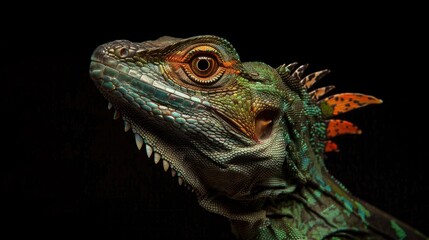Fototapeta premium Male basilisk lizard against a dark backdrop