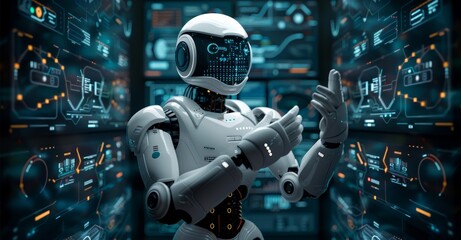 Fototapeta premium Humanoid Robot Interacting with Futuristic Interface