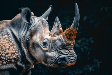 Fototapeta premium Rhinoceros Closeup with Autumn Leaves, Detailed Macro of Wildlife in Savanna