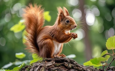 Obraz premium Red Squirrel Standing on a Tree Branch in a Forest