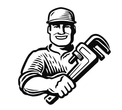 recommend clip art: Happy working plumber with plumbing wrench. Service, construction work emblem or logo