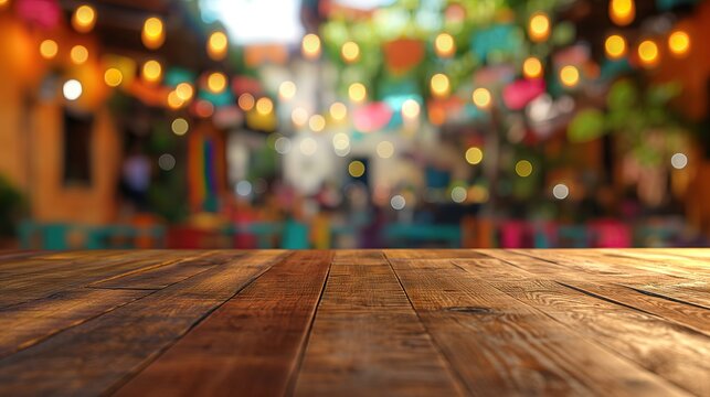 a close up of a rustic empty wooden table with blurred fiesta  background