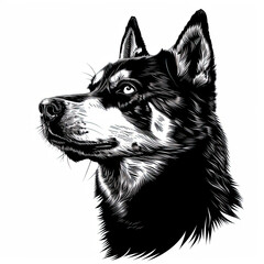 A black and white drawing of a siberian husky dog