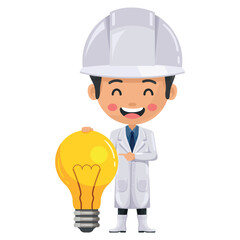 Quality control happy supervisor with a light bulb. Food industry engineer. Creative concept for the generation of ideas. Chief food safety engineer. Science, technology and safety in food production