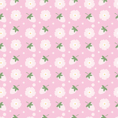 Cute kawaii pink strawberry with flower pattern background