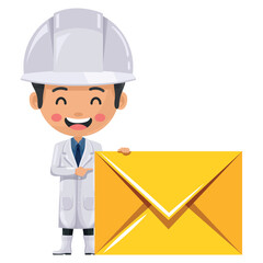 Quality control happy supervisor with letter envelope for email. Food industry engineer. Concept of notification and contact. Chief food safety engineer. Safety in food production and processing