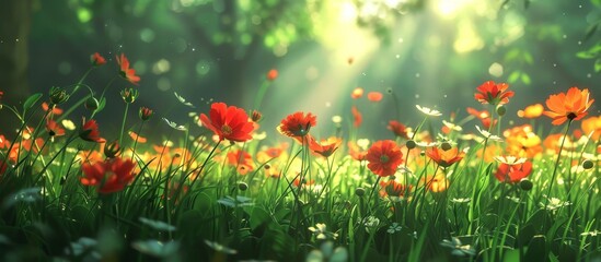 Sunlit meadow with red and orange wildflowers