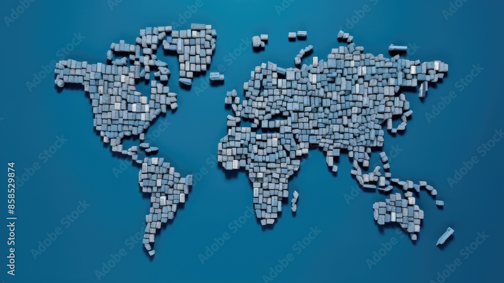 Poster world map constructed from colorful shipping containers. the containers are arranged on a flat, blue