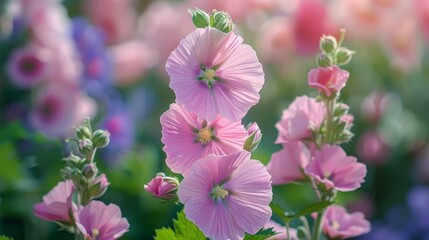 Fototapeta premium Pink malva terry flowers in a summer garden