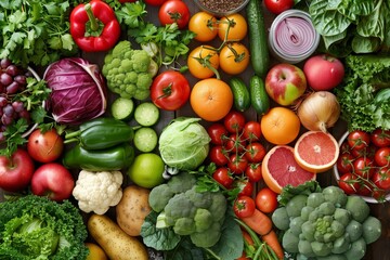 A colorful and diverse selection of fresh fruits and vegetables beautifully arranged on a wooden surface. 