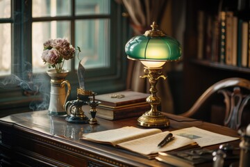A Vintage Desk Lamp Illuminates a Literary Space