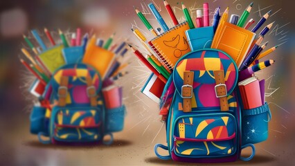 Fototapeta premium A colorful backpack bursting with various school supplies, including pencils, notebooks, and folders, set against a blurred background