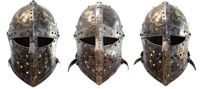 Set of Medieval Knight Helmets isolated on white background