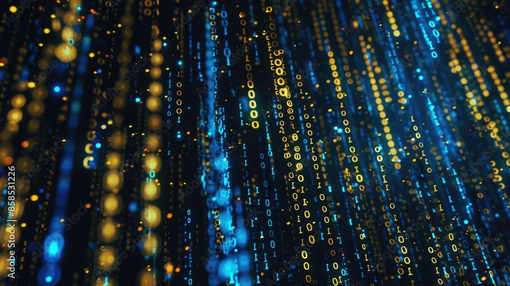 Aufkleber abstract digital data stream with binary code in blue and yellow, representing technology and connec
