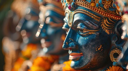 Fototapeta premium Close-up of blue Hindu deity statues adorned with intricate details and vibrant garlands, showcasing traditional spiritual art and culture.
