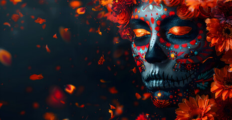 A woman's face is painted with a skeleton and flowers