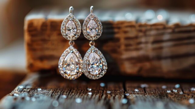Elegant diamond bridal earrings on rustic wooden backdrop