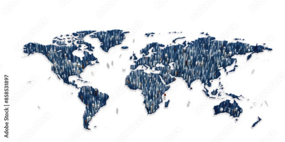 Poster image of stylized world map in blue with a 3d effect on a white background. concept of global connec