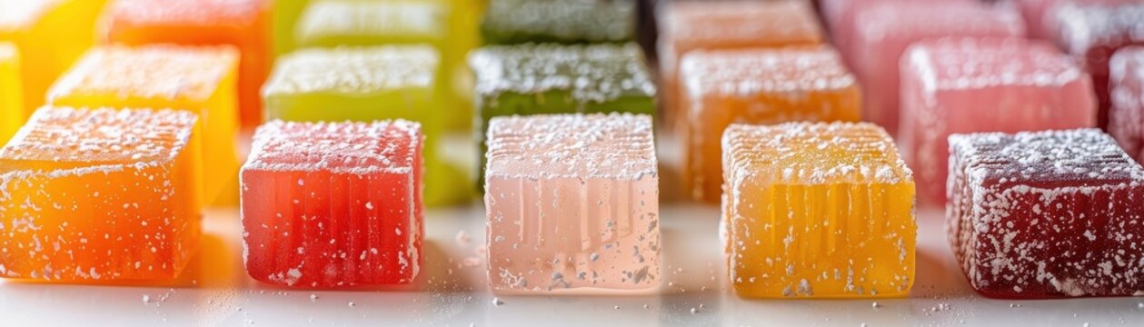 Close-up of colorful sugar-coated gummy candies arranged in rows. Vibrant and sweet assortment of jelly treats in various flavors.